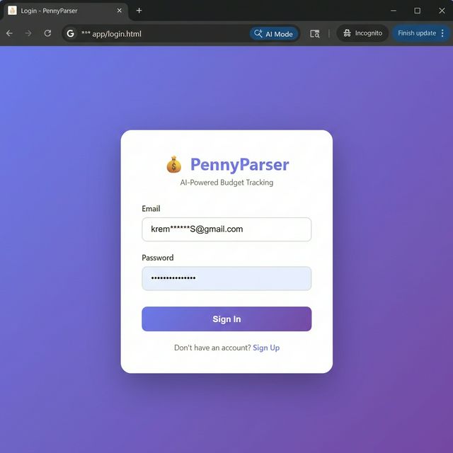 The PennyParser login screen showing Email and Password fields with a purple Sign In button on a purple gradient background.