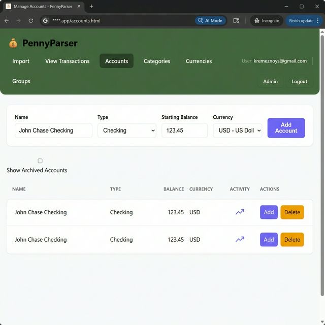 The Add Account form showing fields for Account Name, Starting Balance, and Currency.