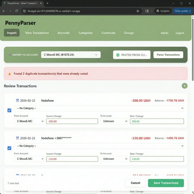 The transaction review table showing parsed rows with dates, descriptions, AI-suggested categories, and an orange Duplicate badge on one row.