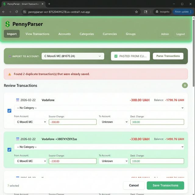 The import table with one row glowing with a soft orange highlight after being edited.