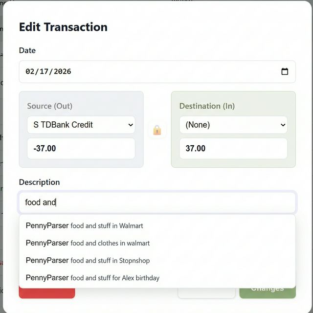 A Description input field with an autocomplete dropdown open showing seven suggestions, the first one highlighted.