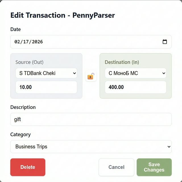 The Add Transaction modal showing a UAH source account with a ₴ symbol and a USD destination account with a $ symbol, plus an Unlock icon between the amount fields.
