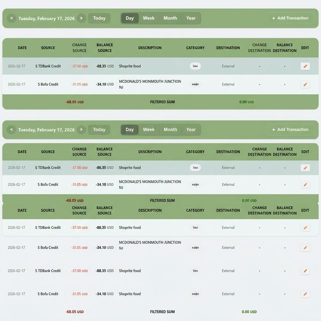 The transaction table footer showing a Filtered Sum total in USD for a multi-currency view.