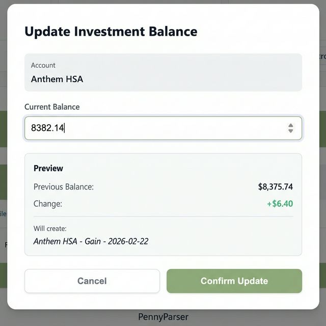 The Update Balance modal for an investment account, showing the current balance pre-filled and a gain/loss change preview.