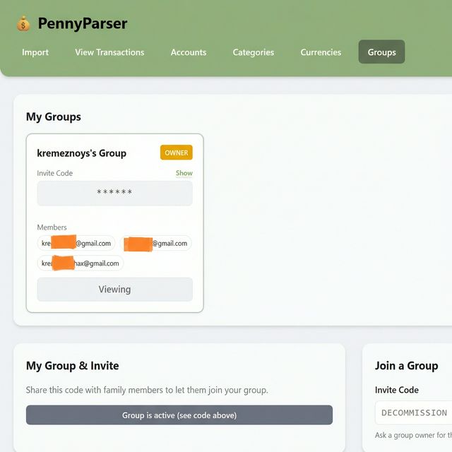 The Groups page owner view showing the My Group and Invite section with a generated invite code in a text box and a list of current members below.