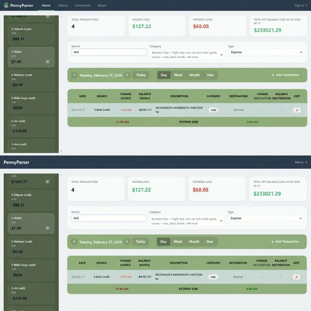The View page showing the accounts sidebar on the left with balances, the transaction table in the centre with active category filters, and an Expense and Income summary footer at the bottom.